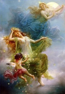 Impressionnisme œuvres - filles et ange Dans la nuit Sky Hans Zatzka belle dame femme